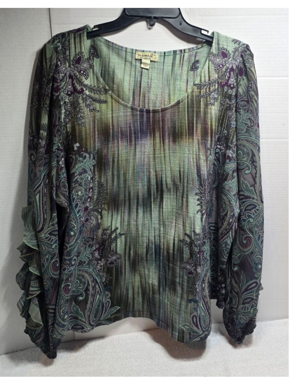 Women's One World Long Sleeve Tee 3X Green Purple Paisley Ruffle